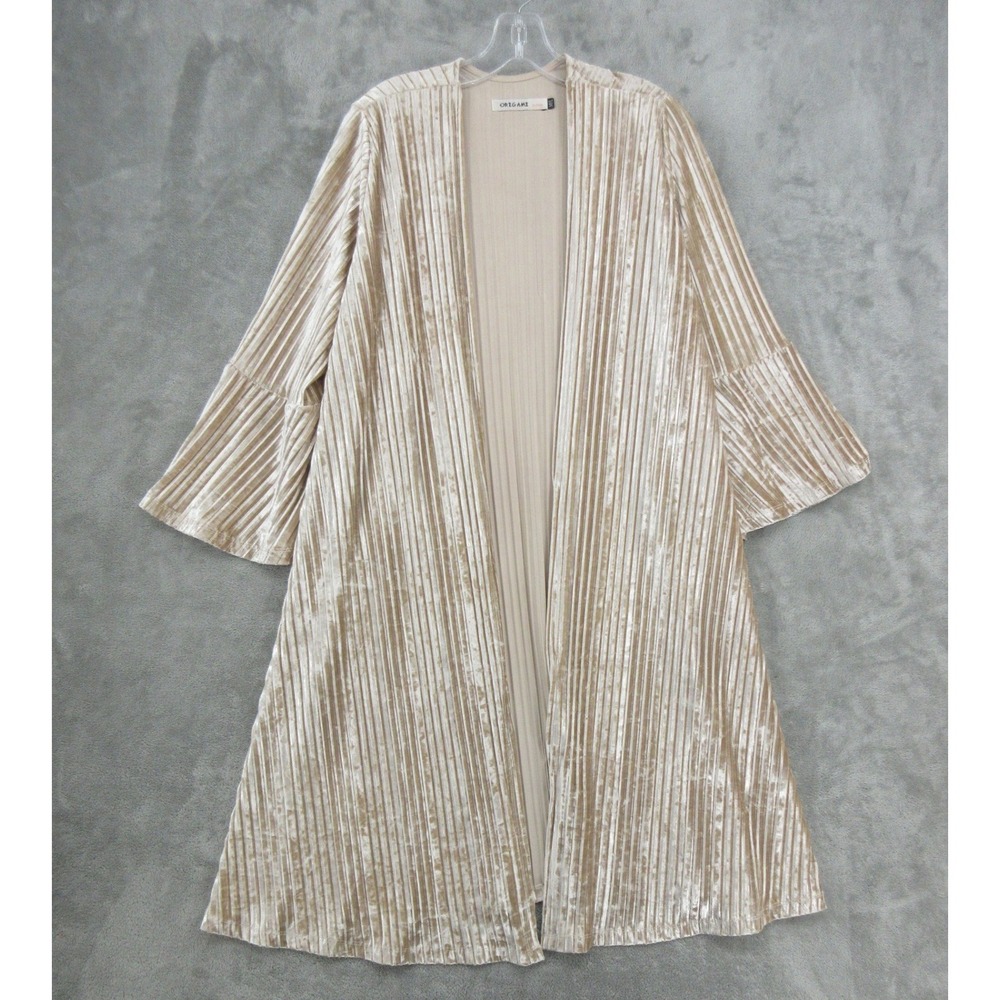 Origami by Vivien Cardigan Womens Size M L Pleated Velvet Duster Bell Sleeve Tan